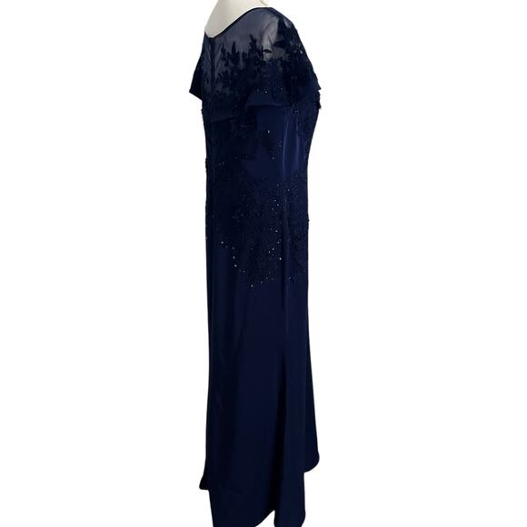 CARLA RUIZ Blue Mesh Floral Applique V neck Short Sleeve‎ Long Dress-Size 14 - Picture 5 of 12